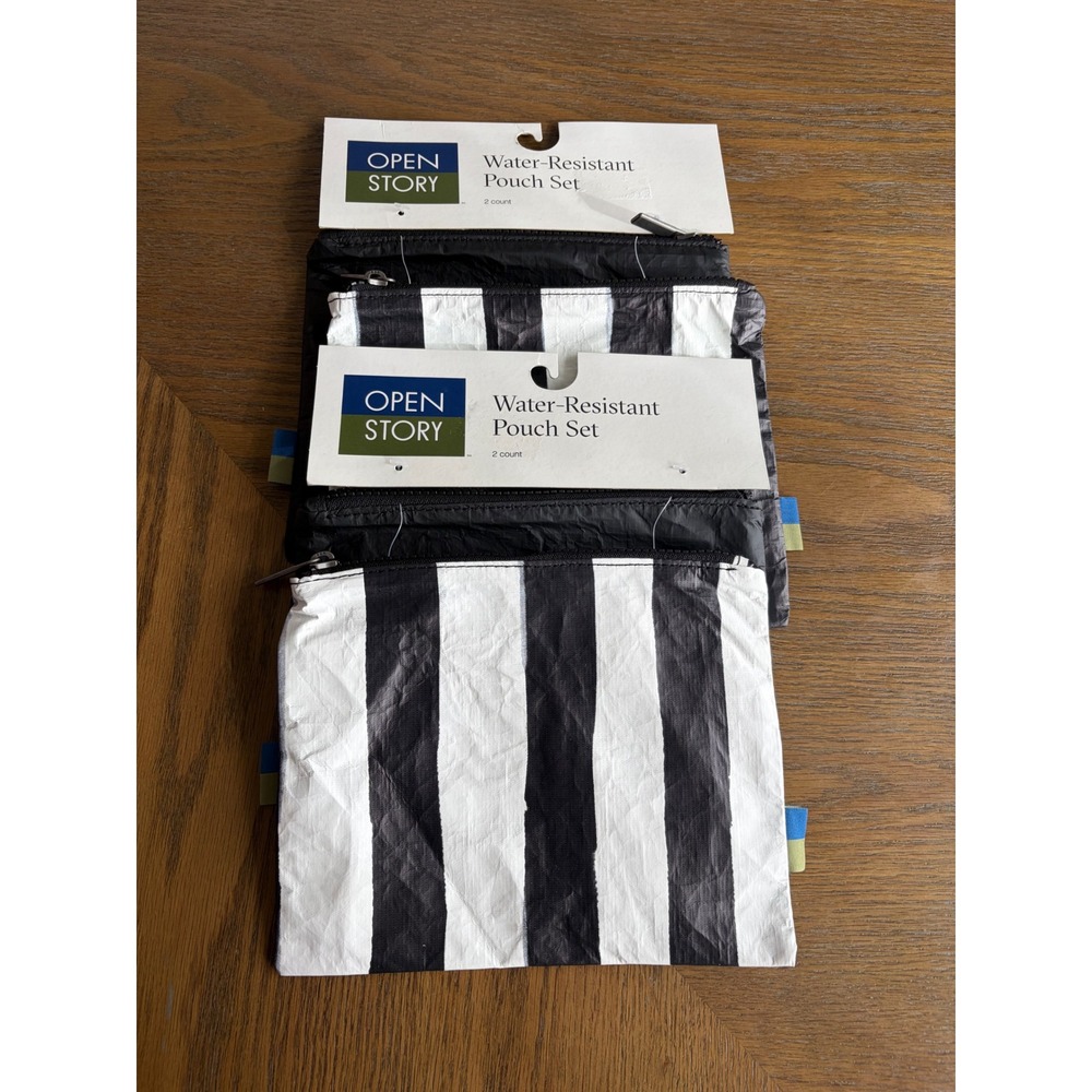 Open Story Water-Resistant Pouch Set 2ct Black White Striped Tyvek Travel Bag
